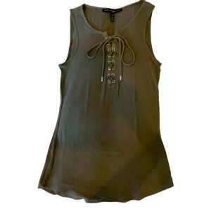 White House Black Market Tank Top Moss Green Gold Eyelets BowTie Detail XXS